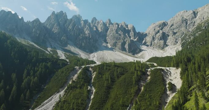 Aerial view of Croda dei Baranci (Birkenkofel) mountain peak on the Dolomites range, San Candido (Innichen), Trentino, South Tyrol, Italy.