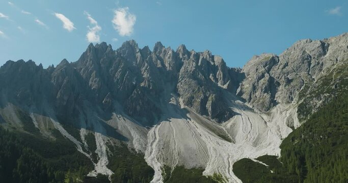 Aerial view of Croda dei Baranci (Birkenkofel) mountain peak on the Dolomites range, San Candido (Innichen), Trentino, South Tyrol, Italy.