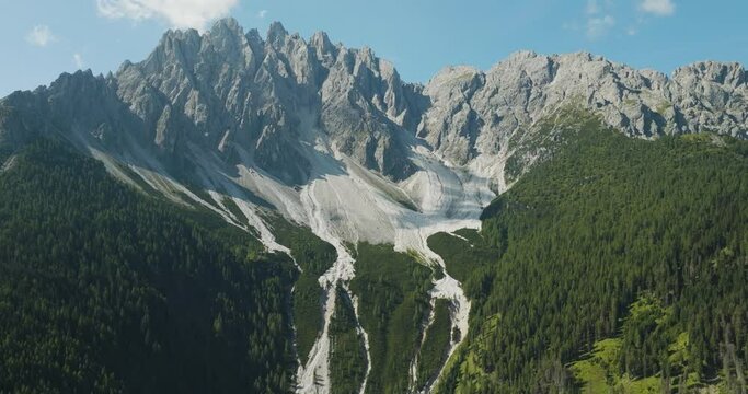 Aerial view of Croda dei Baranci (Birkenkofel) mountain peak on the Dolomites range, San Candido (Innichen), Trentino, South Tyrol, Italy.