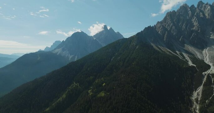 Aerial view of Croda dei Baranci (Birkenkofel) mountain peak on the Dolomites range, San Candido (Innichen), Trentino, South Tyrol, Italy.
