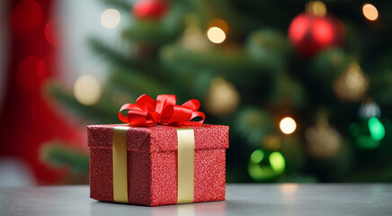 Red new year gift box with a decorative bow on the background of a green Christmas tree and beautiful bokeh