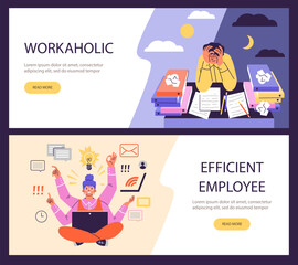 Set of website banner templates about workaholic and efficient employee flat style