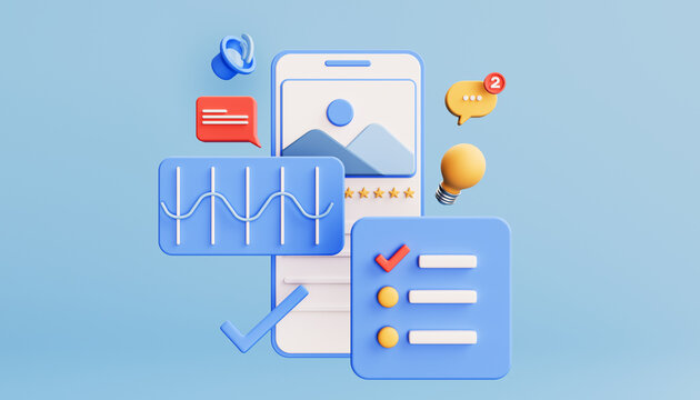 Mobile application development process. Application for social networks. SMM concept. 3d illustration.