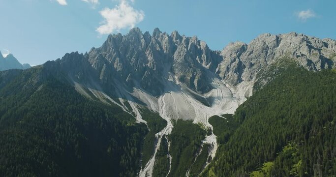 Aerial view of Croda dei Baranci (Birkenkofel) mountain peak on the Dolomites range, San Candido (Innichen), Trentino, South Tyrol, Italy.