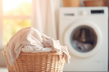 Laundry basket with clothes beside of a washing machine. Creative banner of self-service laundry, minimal cozy interior.  - obrazy, fototapety, plakaty