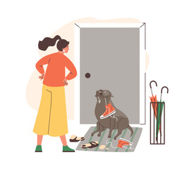 Woman upset from naughty dog chewing, tearing shoes, bad canine behavior damaging things at hallway vector illustration