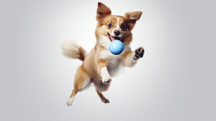 Fototapeta na wymiar Portrait of dog catching ball on grey background. Dog leaping or jumping in air