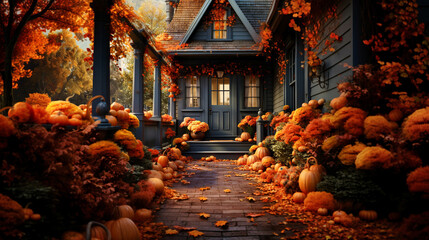 front porch of a traditional house decorated to autumn season and Halloween. bright garden - 644500926