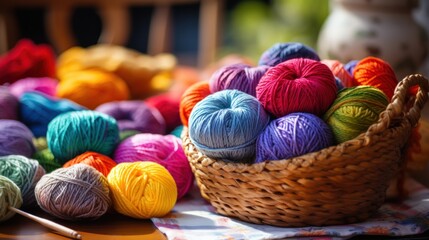 Colorful wool knitting threads - obrazy, fototapety, plakaty