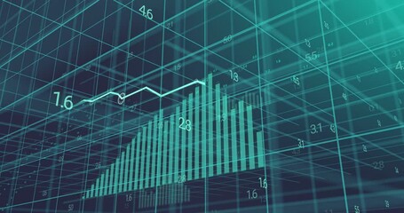 Animation of statistical data processing over grid network against blue background - Powered by Adobe