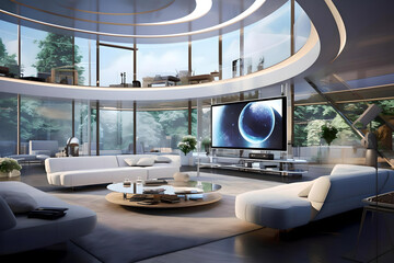 An inside view of a livingroom of a modern smart home. 