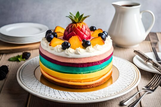 cake with fruits, A pineapple that's made of rainbow cake inside, food photography style. 