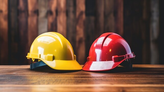 builders yellow and red safety helmets on the table on a wooden background. labor Day. 