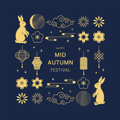 Happy Mid Autumn Festival. Banner, card design with traditional chinese patterns, rabbits, flowers, lanterns, clouds. Vector template for invitation, social media post, poster, mobile apps, web ads.