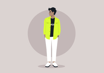 A full body portrait of a young adult dressed in comfortable, everyday attire, engaged in a typical routine scene of their daily life