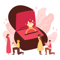 Open box with a wedding ring and diamond, men stands on knee marriage proposing to women, vector wedding, engagement