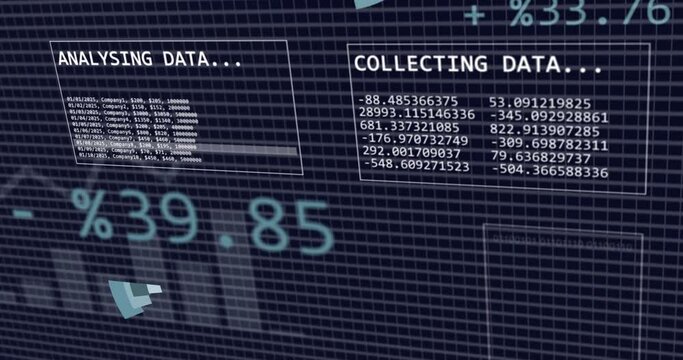 Animation of interface with statistical data processing over grid network against blue background