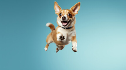 Portrait of jumping happy dog. Leaping excited pose on flat blue background
