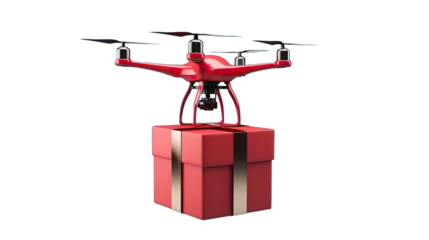 Drone holding a gift box isolated on a transparent background.