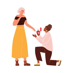Woman proposes marriage to her girlfriend, flat vector illustration isolated on white background.