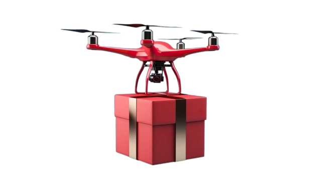 Drone holding a gift box isolated on a transparent background.