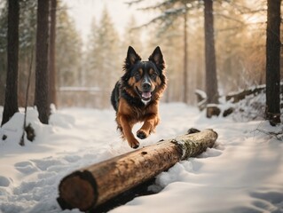  A dog jumps over a tree trunk in a snow-covered forest