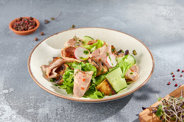 A minimalist composition featuring a salad with baked pork and vegetables on a ceramic plate, set against a grey concrete background. Ideal for showcasing healthy eating and gourmet cuisine