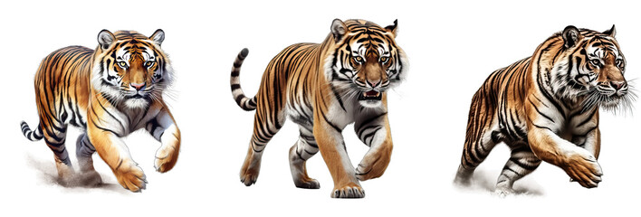 set of tigers isolated on a transparent background, PNG format.