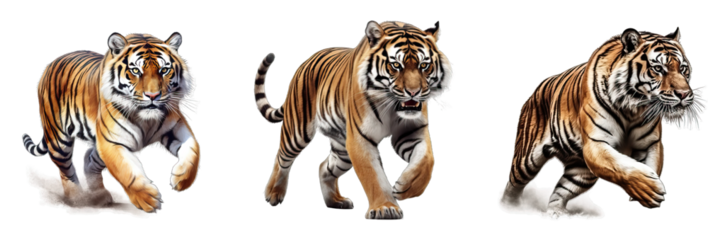 set of tigers isolated on a transparent background, PNG format.