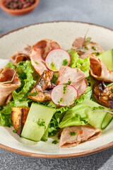 Macro vertical shot capturing intricate details of a baked meat salad with crisp vegetables. The ceramic plate contrasts a minimalist gray concrete background