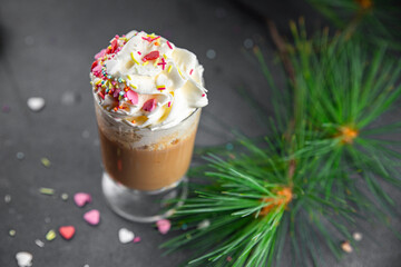 christmas drink hot chocolate whipped cream sweet dessert drink holiday treat new year and christmas celebration meal food snack on the table copy space food background rustic top view