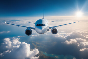 Naklejka na ściany i meble Airplane flying above clouds. Travel concept. 