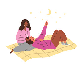 Happy amorous couple looking at starry night sky with moon, admiring man and woman, vector romantic honeymoon together