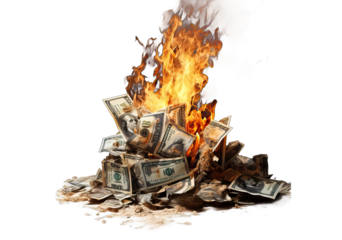 Pile of Money Burning  isolated on a transparent background, PNG .