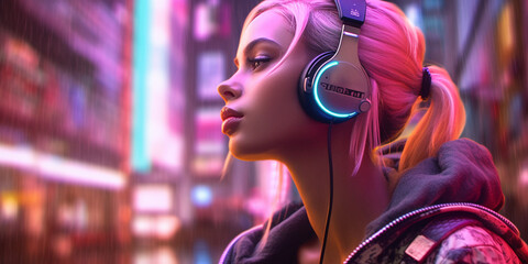 pink girl with headphones on the night street - obrazy, fototapety, plakaty
