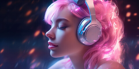 pink girl with headphones on the night street