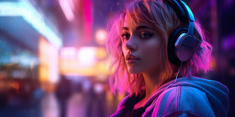 pink girl with headphones on the night street