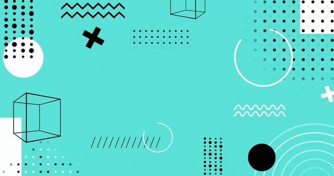 Flat abstract motion graphics animated shapes seamless loop background. Assorted geometric shapes sky blue colored animated background.