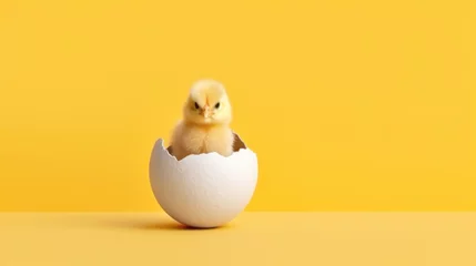 Foto auf Alu-Dibond small yellow chicken in a shell on a yellow background. postcard with copy space, easter concept.  © Margo_Alexa