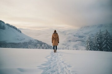 Naklejka na ściany i meble A woman looks at the snowy mountains in winter