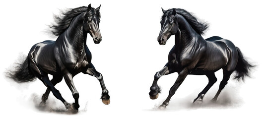 Black horses isolated on a transparent background, PNG format.