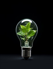 a light bulb filled with plants on a black  background,green concept environment concept, green energy 