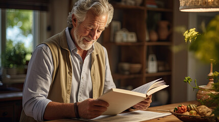 a happy pensioner reads a book.