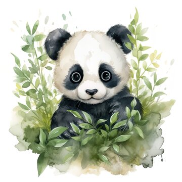 watercolor illustration clipart cute cartoon panda among green leaves