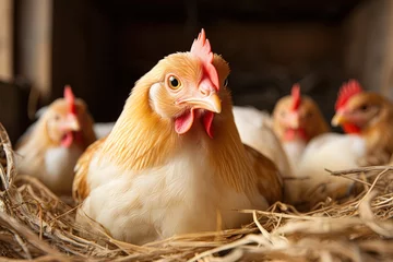 Fotobehang closeup of a hen in a chicken coop hatching eggs on straw © Маргарита Вайс