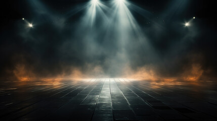 stage and blue smoke night lightning in fog searchlight beams - obrazy, fototapety, plakaty