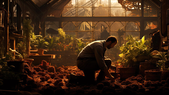 a gardener works in the greenhouse.