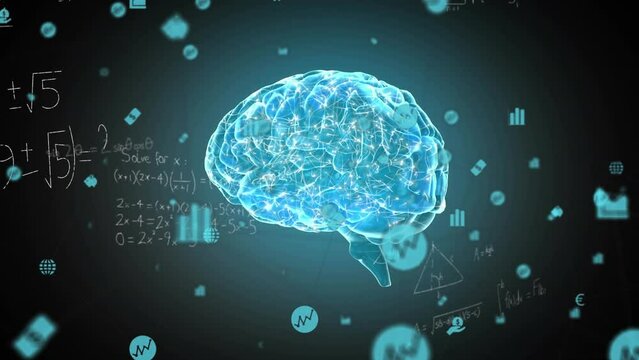 Animation of network of digital icons and mathematical equations over spinning human brain icon - Powered by Adobe