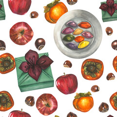 Watercolor illustrations for the traditional Korean holiday Chuseok - gift, songpyeon plate, apples, persimmon, chestnut.Hand drawn watercolor pattern