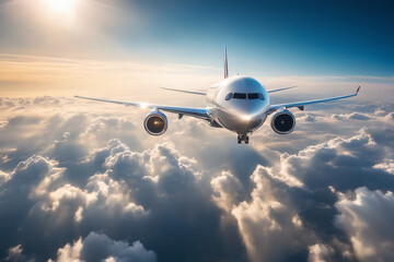 Naklejka na ściany i meble Airplane flying above clouds. Travel concept. 